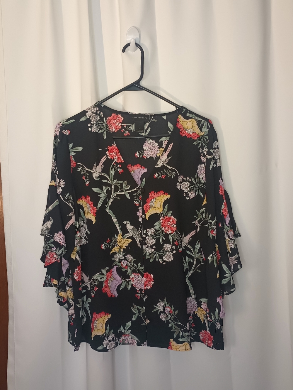 Investments Womens Whimsigoth Dark Floral Bird Print Top Large Ruffle Artsy